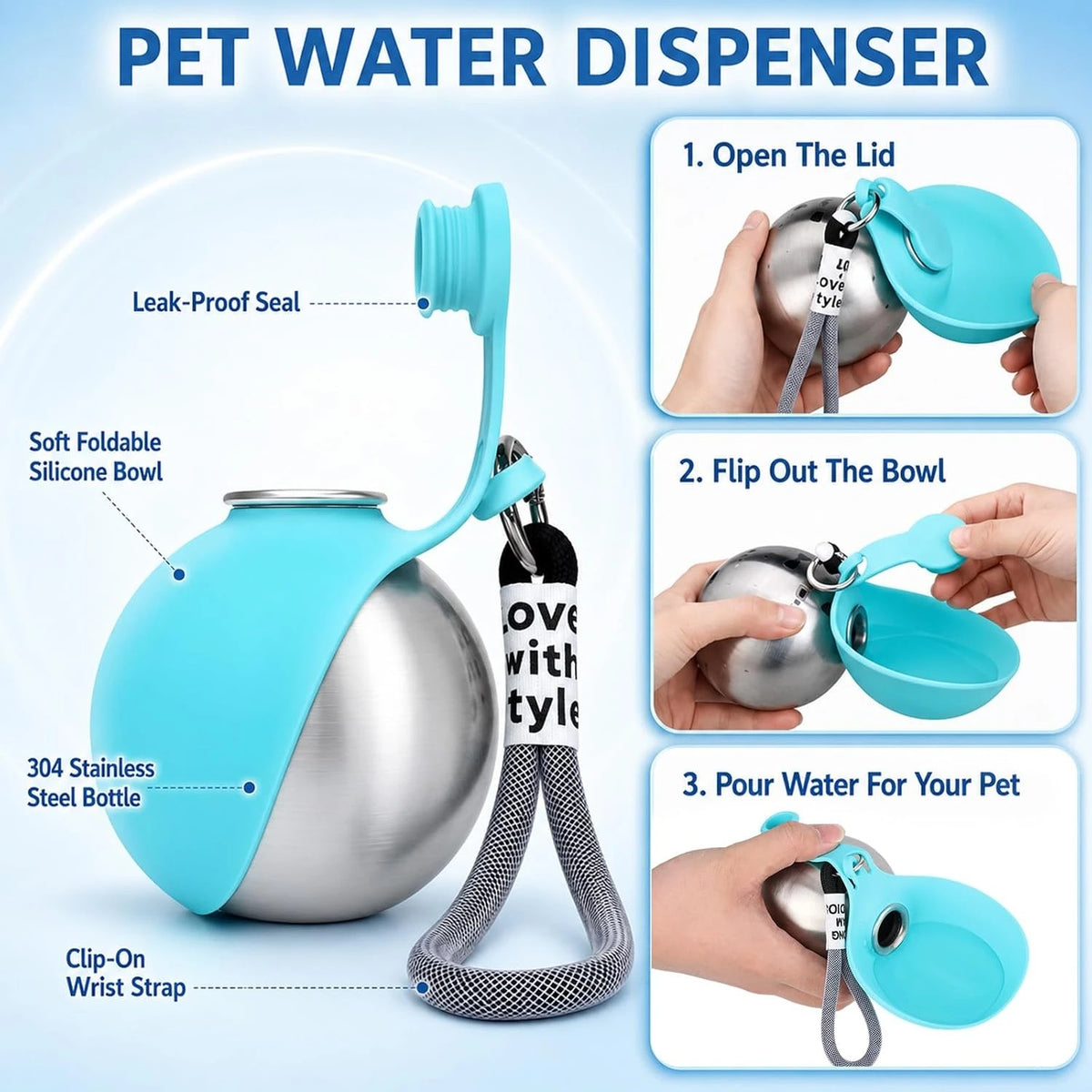 10oz Stainless Steel Pet Travel Water Bottle with Foldable Bowl